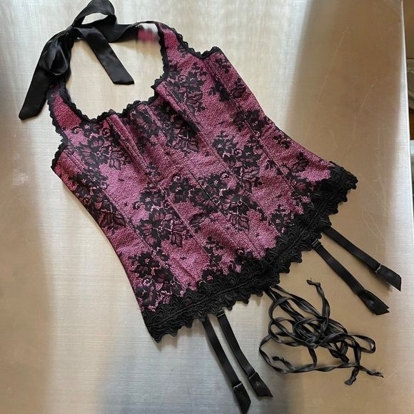 Frederick's of Hollywood Pink Satin Halter Neck Lace Up Corset with Black Lace - Picture 9 of 9